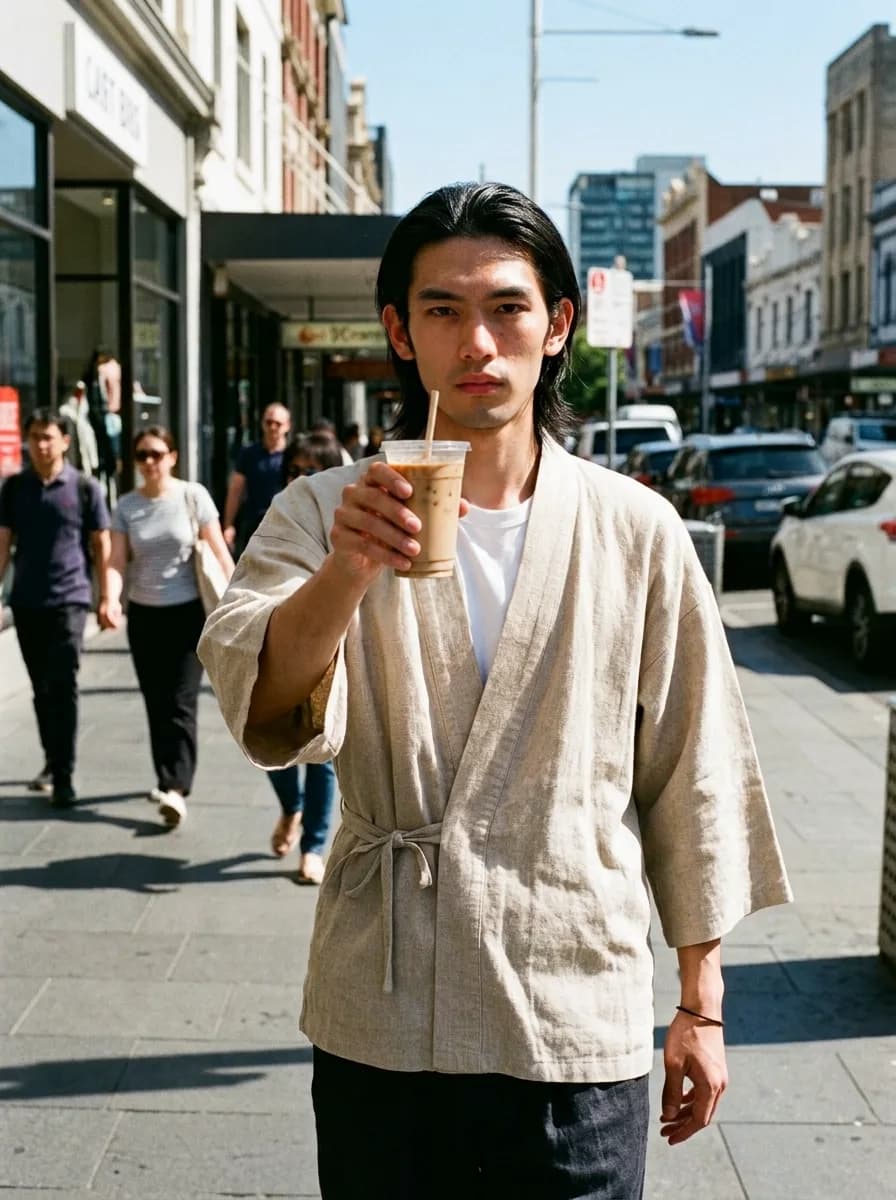 The same scene with an iced latte in his hand instead of the bottle