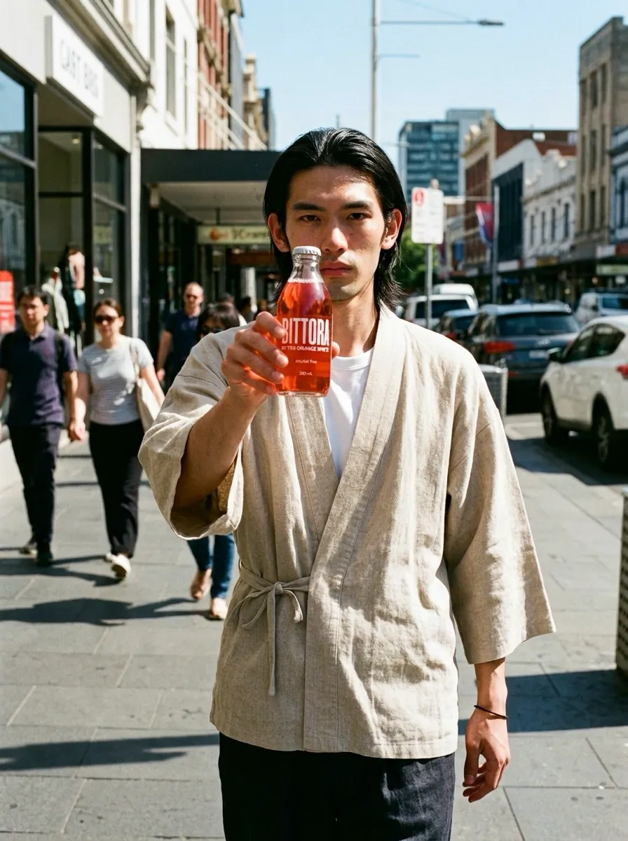 Man on a sunny sidewalk holding a bottle toward the camera