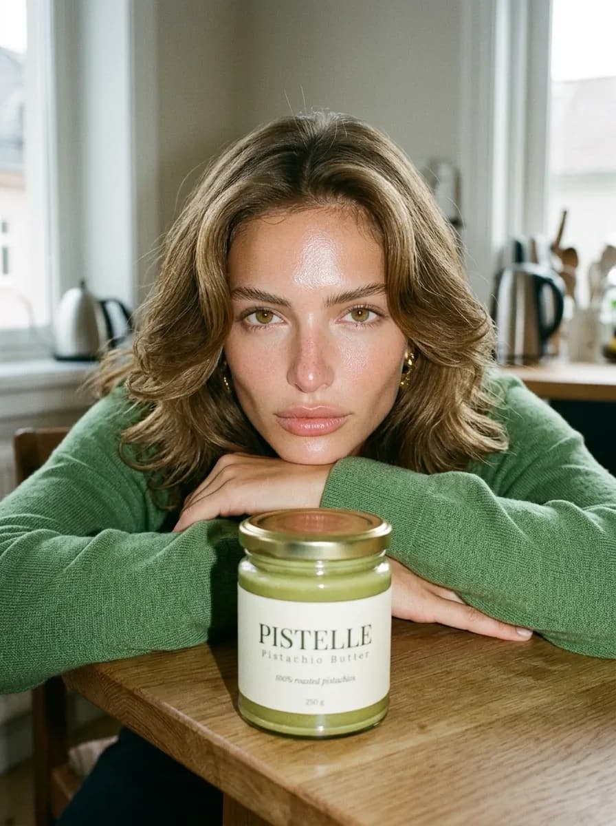 Woman leaning on a kitchen table next to a jar of pistachio butter