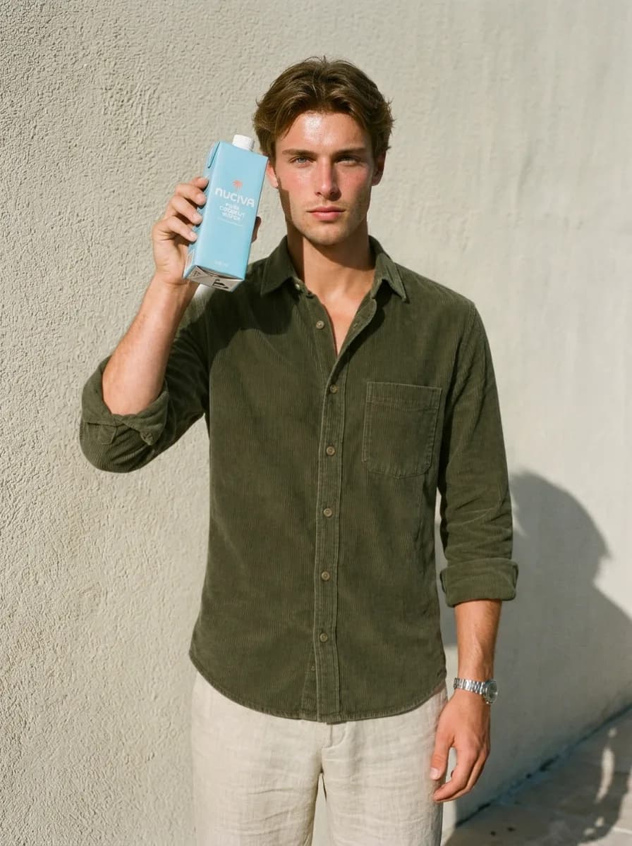 The same man and pose, now wearing an olive corduroy overshirt