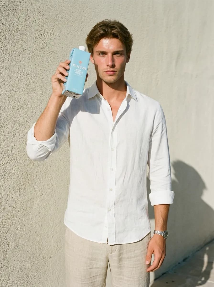 Man in a white linen shirt holding a carton against a sunlit wall