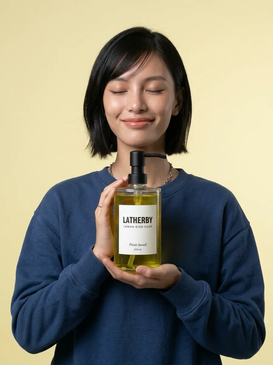 Woman holding a bottle of dish soap on a pale yellow backdrop