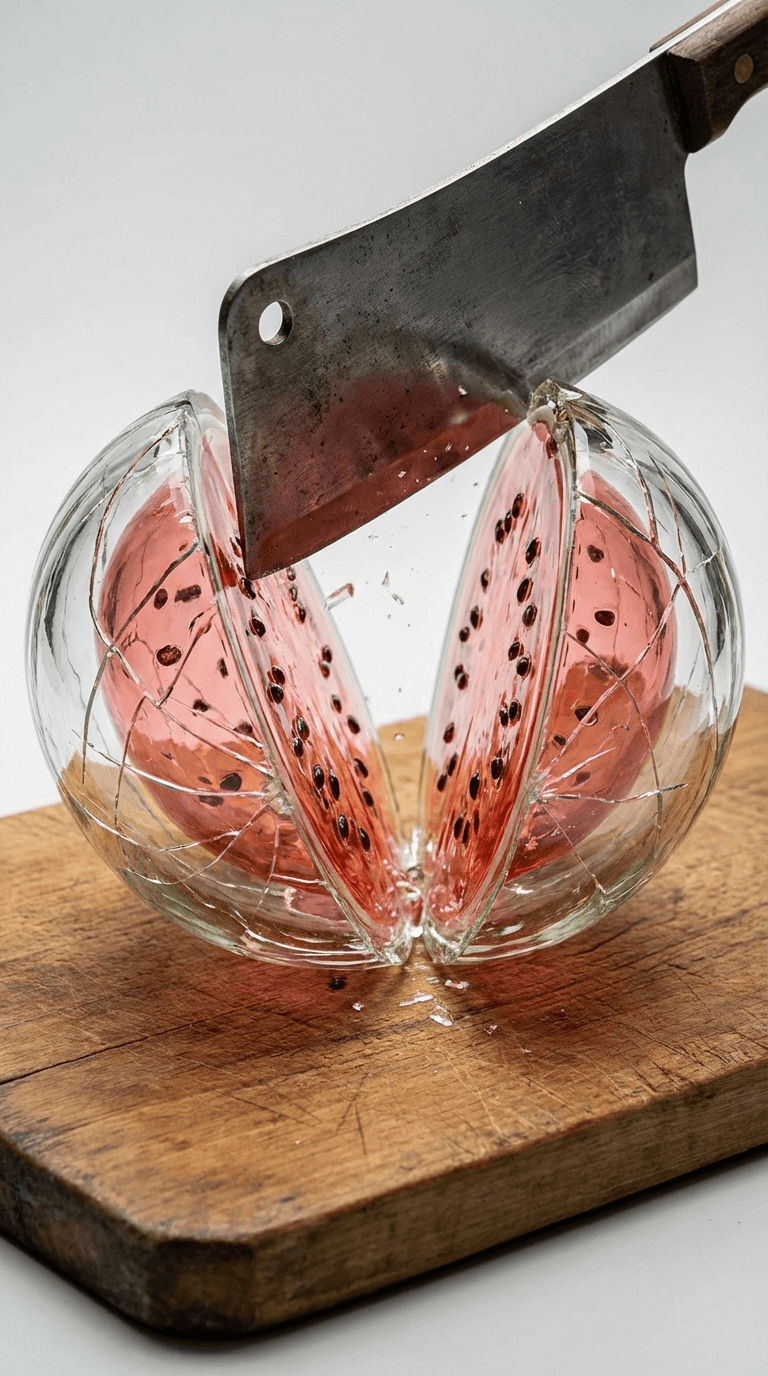 AI-generated glass watermelon being split in half, showing translucent pink glass flesh and glass seeds inside