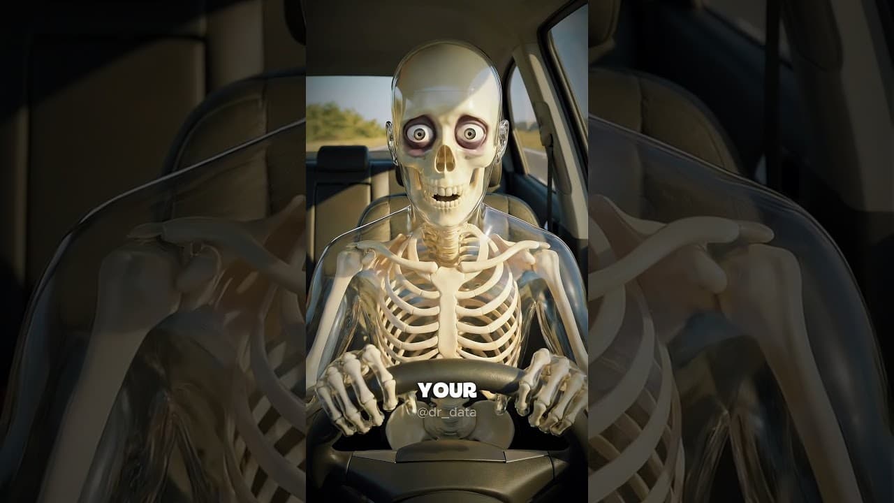 AI skeleton video thumbnail showing a skeleton character gripping a car steering wheel with a startled expression, 16.7 million views