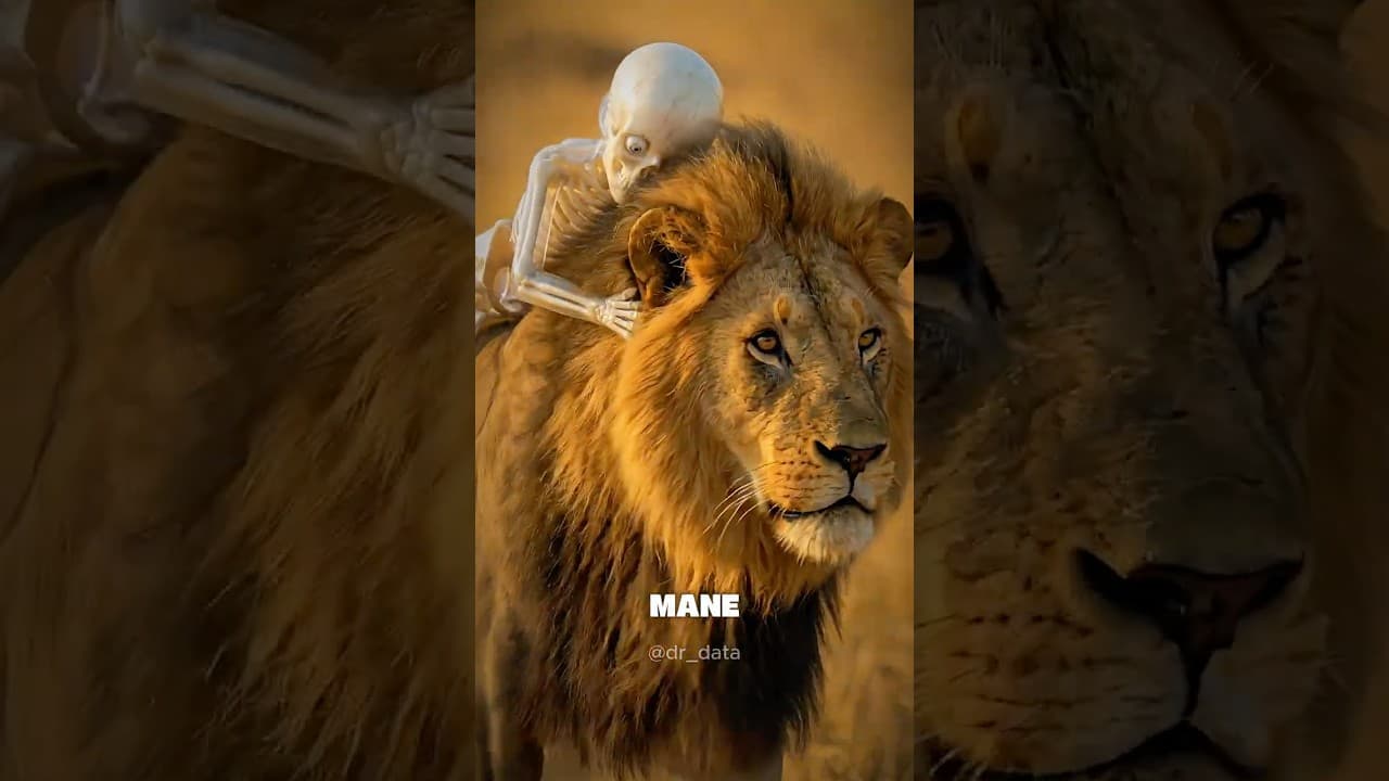 AI skeleton video thumbnail showing a skeleton character riding on the back of a male lion, 13 million views