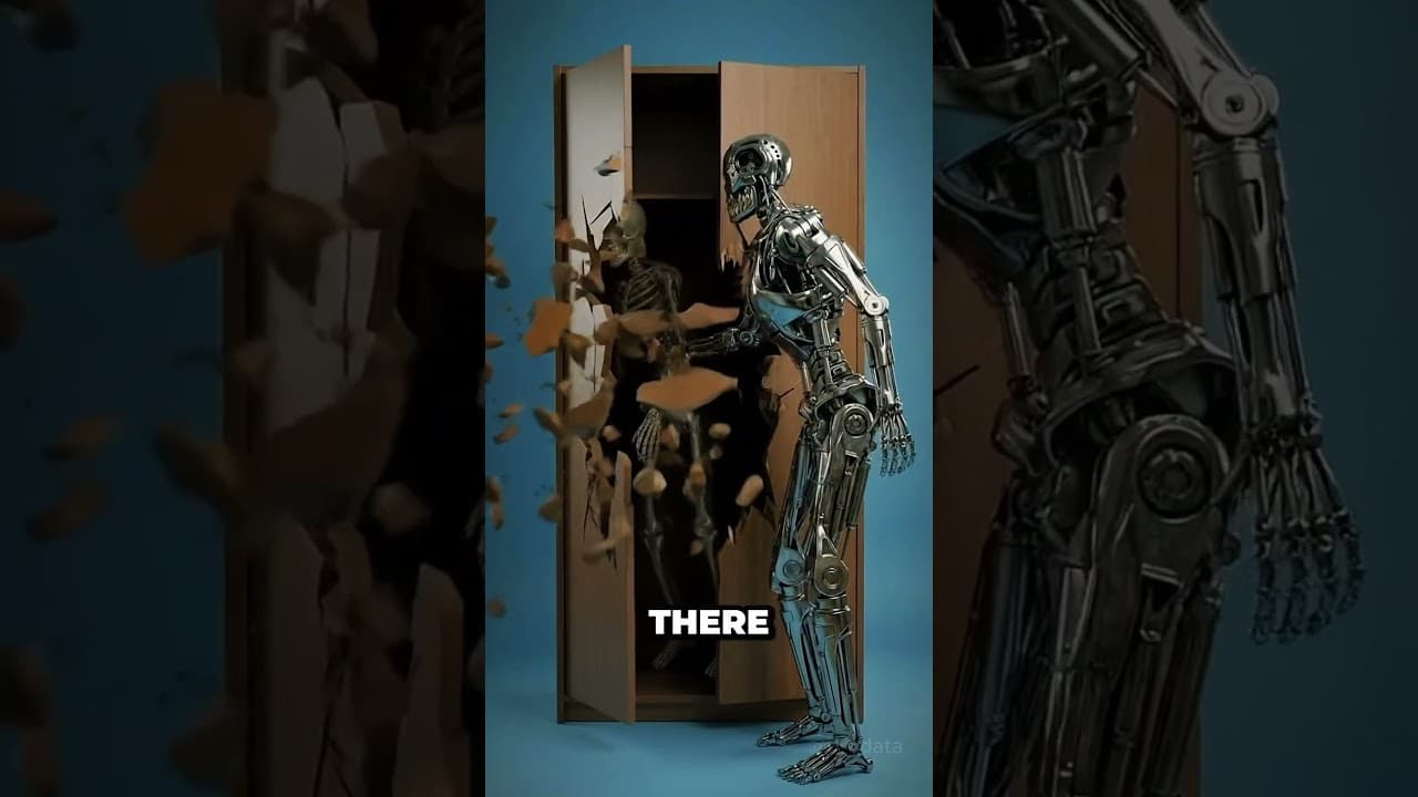 AI skeleton video thumbnail showing a Terminator robot smashing through a wardrobe with a skeleton inside, 7.6 million views