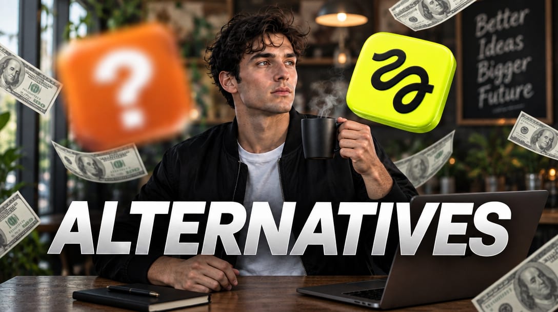 Creator with a coffee and a laptop weighing Higgsfield alternatives