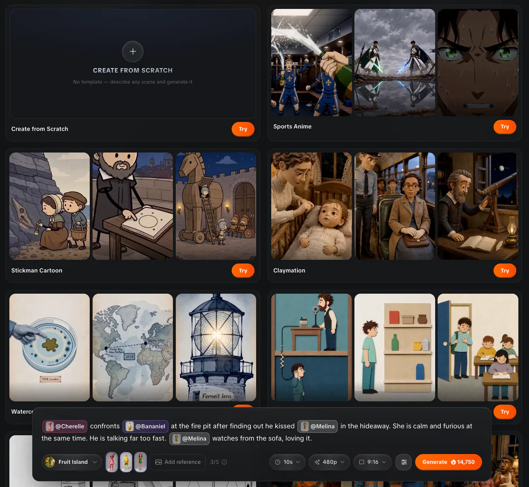 Flashloop Apps library with ready-made workflows such as Sports Anime, Stickman Cartoon and Claymation