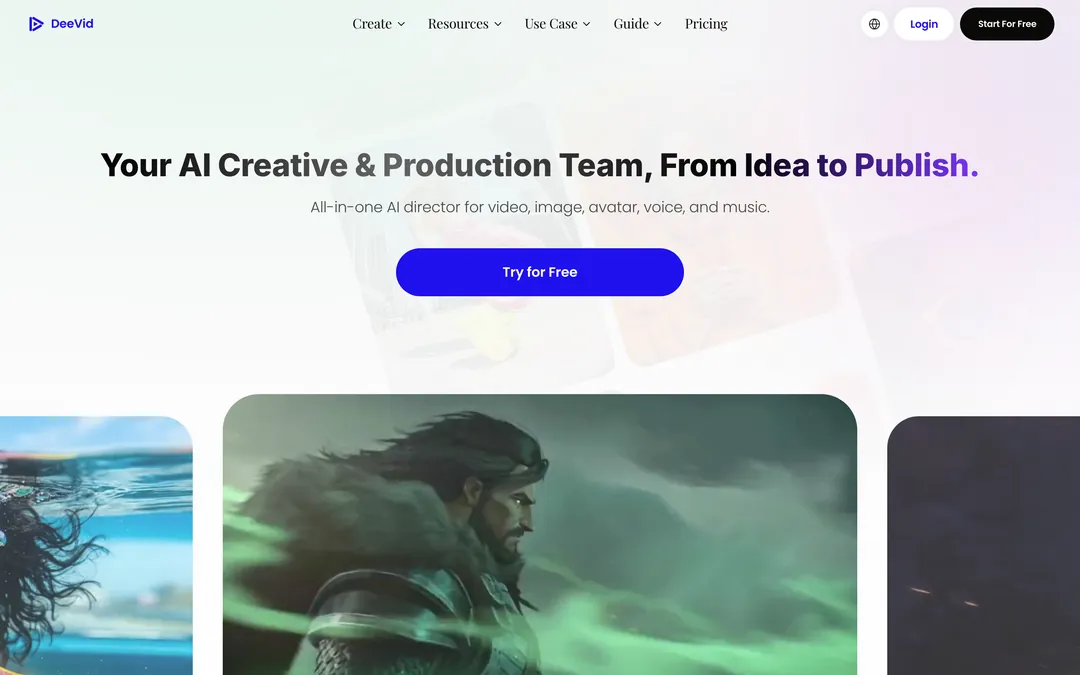 DeeVid homepage with the headline Your AI Creative & Production Team, From Idea to Publish