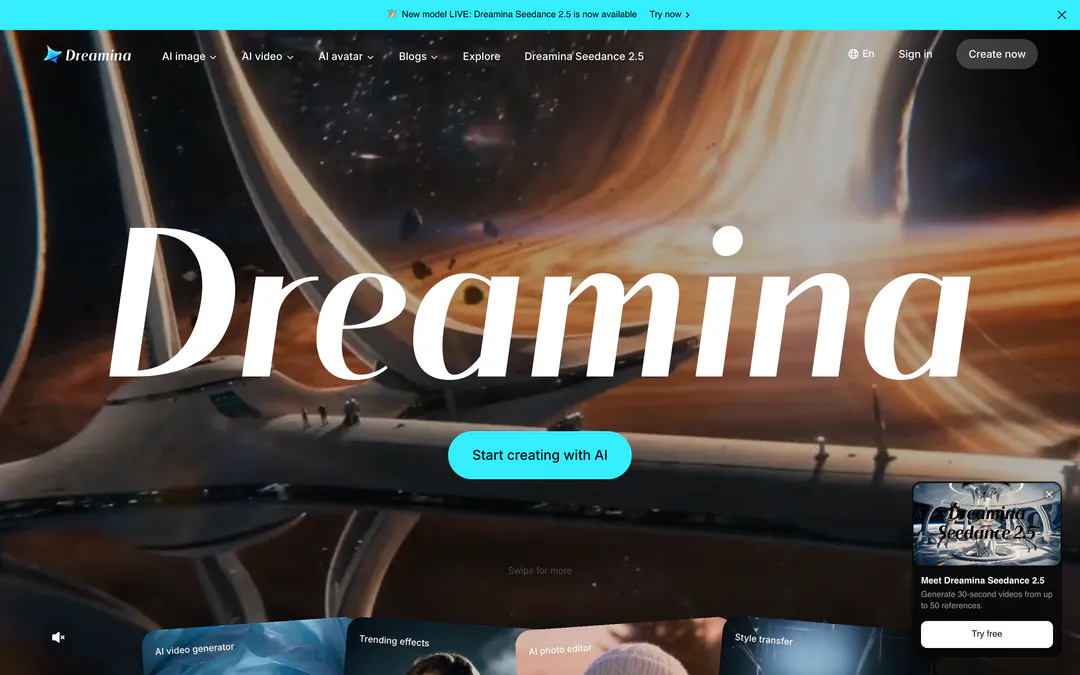 Dreamina homepage announcing that Seedance 2.5 is now available