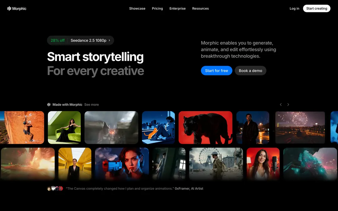 Morphic homepage with the headline Smart storytelling For every creative