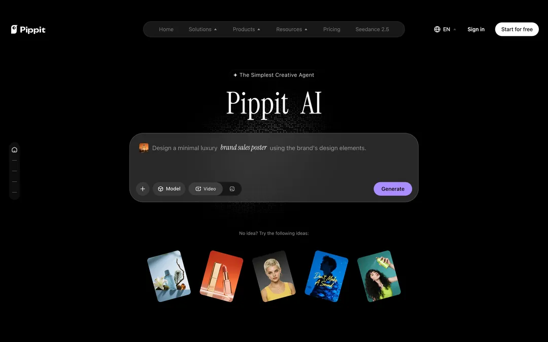 Pippit homepage with the headline Pippit AI and a prompt box to generate a brand sales poster