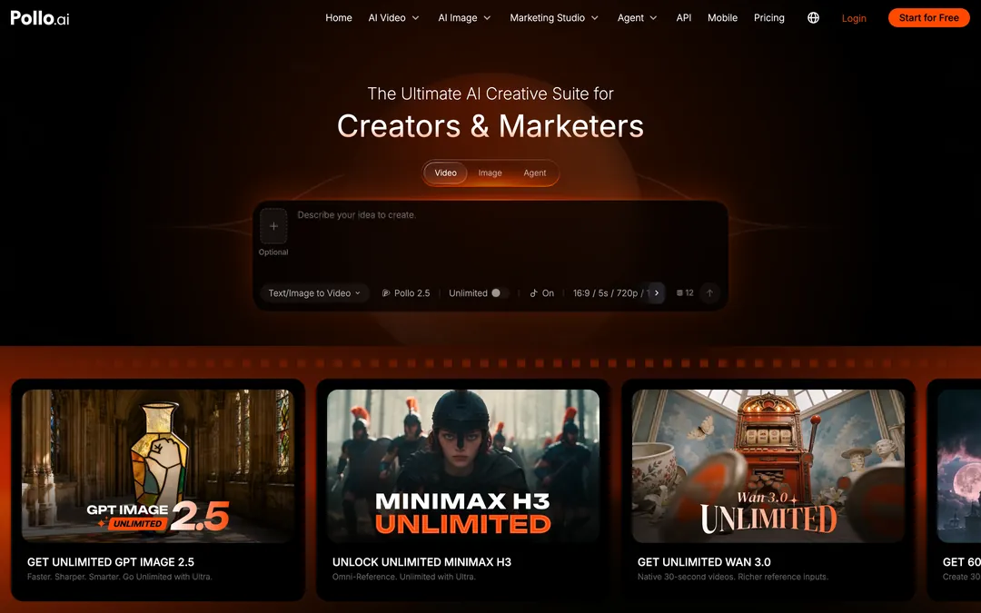 Pollo AI homepage with the headline The Ultimate AI Creative Suite for Creators & Marketers