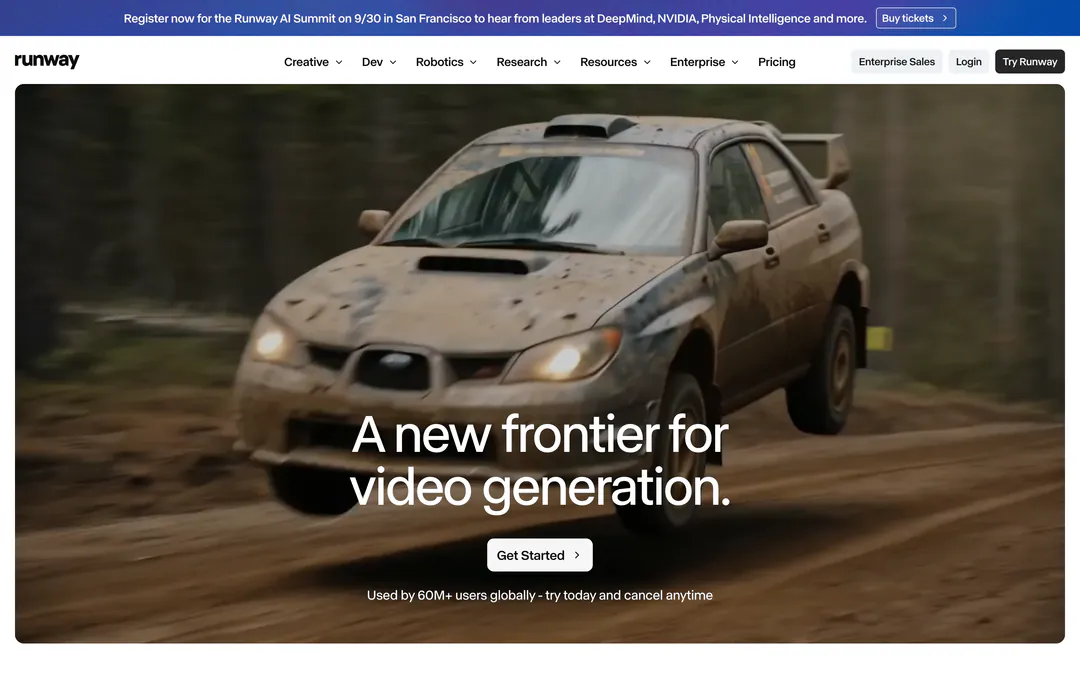 Runway homepage with the headline A new frontier for video generation