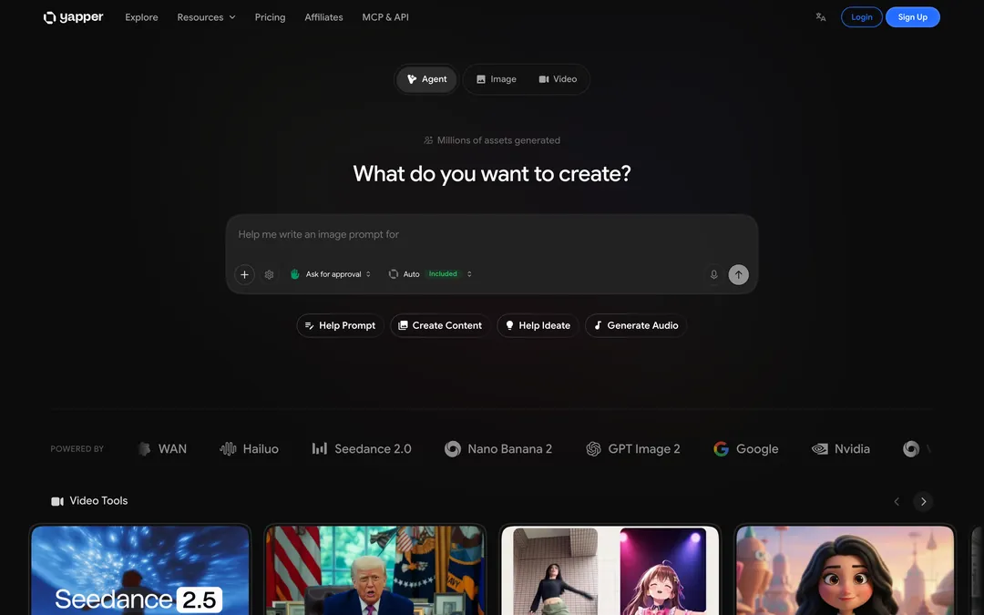 Yapper homepage with the headline What do you want to create?