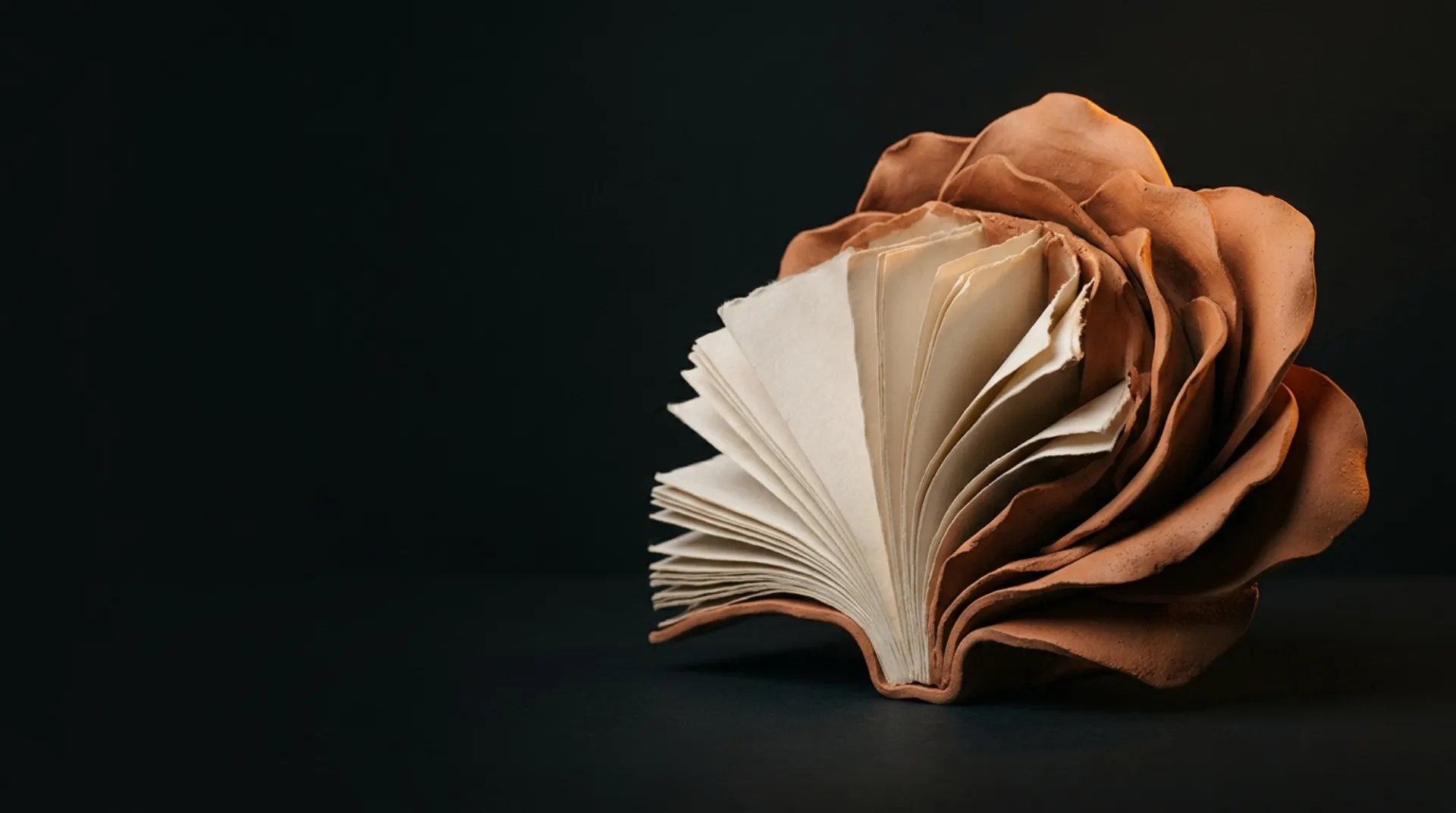 An open hand-bound book sculpture whose ivory pages fan out into terracotta clay petals on a dark background, abstract hero artwork for Claude Fable 5