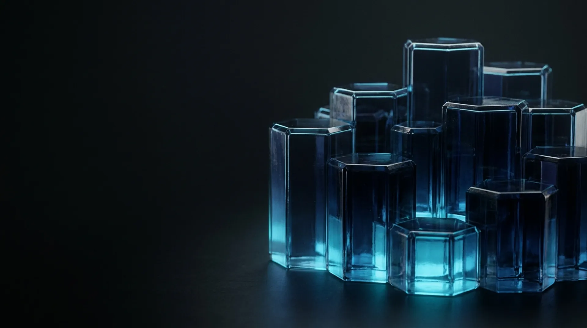 A stack of interlocking indigo glass hexagonal blocks with thin cyan edge glow on a dark background, abstract hero artwork for GLM-5.3