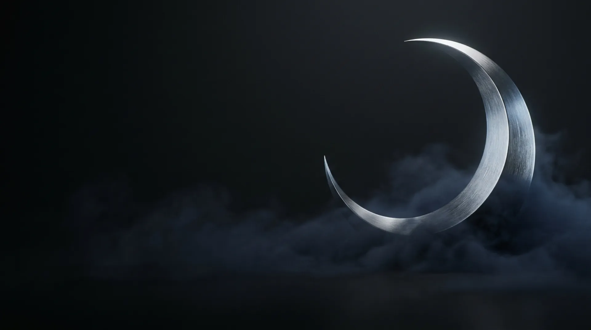 A large brushed-silver crescent sculpture rising out of dark navy mist on a dark background, abstract hero artwork for Kimi K3